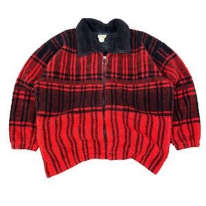 Vintage Red Black Plaid 90s Fleece Jacket Zip Up Snowflake Back Women’s Large
